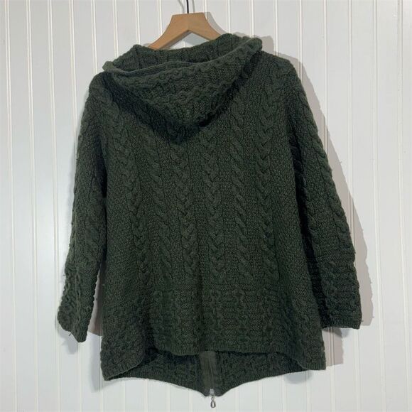 Aran MorMor 100% Merino Wool Ireland Green Cable Knit Hoodie Sweater L Fisherman - Picture 3 of 9